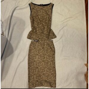 D&G Lace Peplum Top Pencil Skirt Set Brown Gold Black Trim Size 40